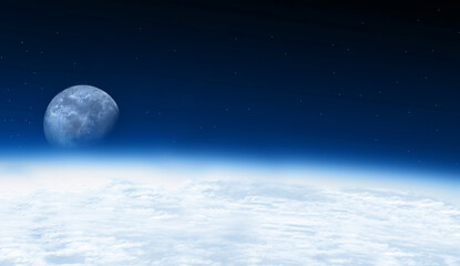Futuristic view of the moon above light blue clouds and starry sky