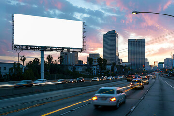 photo of blank billboard near busy highway at evening, city lights,