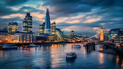 Fototapeta premium The City of London and the river Thames at night, London cityscape, UK 