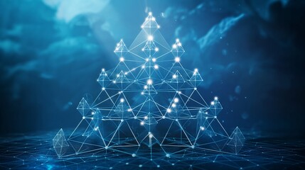 An illustration of a pyramid made up of interconnected network nodes, symbolizing structured management and the pinnacle of business success.