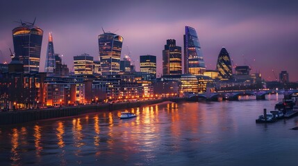 Obraz premium The City of London and the river Thames at night, London cityscape, UK 