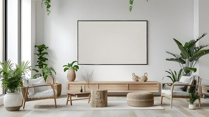 Blank TV screen in a modern living room with wooden furniture and plants, daylight ambiance, interior design concept.