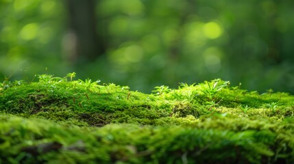 Lush green mossy forest with small plants in focus