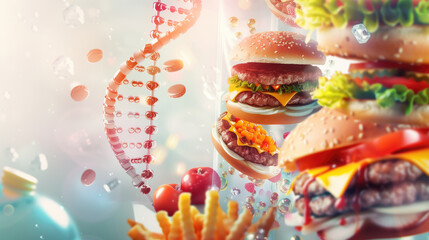 Juicy gourmet burgers with fresh toppings floating in scientific DNA background. Junk Food Gene, FTO, biotechnology, culinary science concepts.