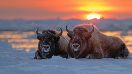 Two Musk Oxen Resting on Snowy Ground with Sunset in Background

