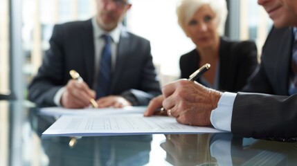 Fototapeta premium Middle-aged woman writing her last will and testament at a corporate office table. 