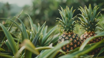 Obraz premium A close-up shot of two pineapples nestled amongst lush green foliage. The sunlight filters through the leaves, highlighting the texture of the fruits and leaves