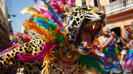 Obraz premium Vibrant Carnival Spirit: Brazilian Jaguar Dancing in Rio de Janeiro Streets