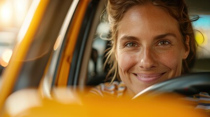 A cheerful woman behind the steering wheel of a yellow car enjoys her drive, smiling brightly. The captured moment conveys freedom and enjoyment on the road.