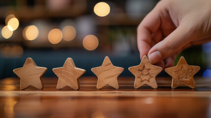 five star review background, customer service experience concept. Hand putting the fifth stars, Overhead bokeh background with copy space.