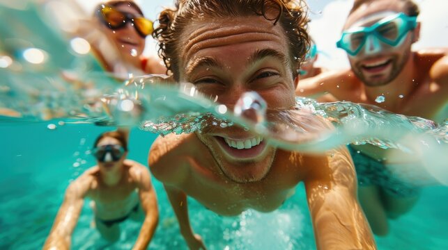 This image shows a group of friends enjoying swimming underwater in a clear, blue water pool. It exudes the fun, refreshing feeling of summer adventure and friendship.