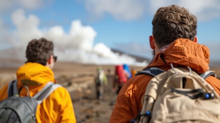 Focused on several explorers with backpacks as they navigate a barren, steaming landscape with geysers and rocky terrain, highlighting the thrill of adventure in a unique, desolate setting.
