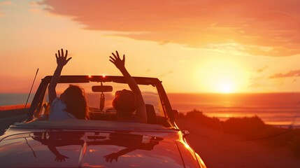Two people in a car celebrating, with a sunset background, embodying the concept of freedom and travel