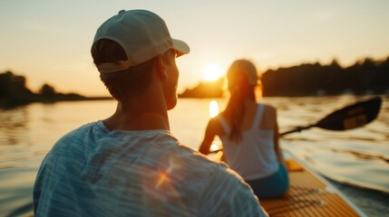 A couple leisurely kayaks along a serene river at the golden hour of sunset, capturing romance, tranquility, and the human connection with nature in a warm, picturesque setting.