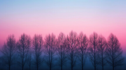Silhouettes of trees at dawn with misty backdrop, calming rhythms, morning stillness