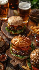 Cold Beer, Fries And Fresh Gourmet Burger On Wooden Rustic Table