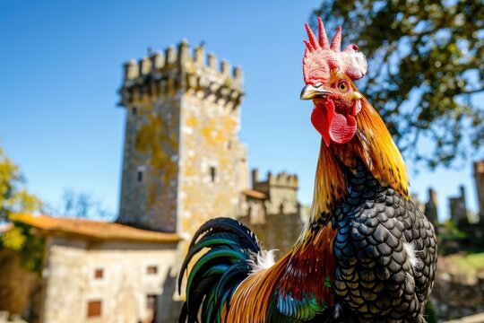 Majestic Portuguese Rooster Galo de Barcelos in Traditional Folk Attire Against Historic Castle Backdrop