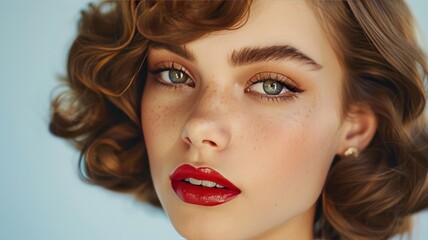 Fototapeta premium Vintage-inspired portrait of a young woman with flawless makeup, curly hair, and bold red lips, showcasing classic beauty and elegance.