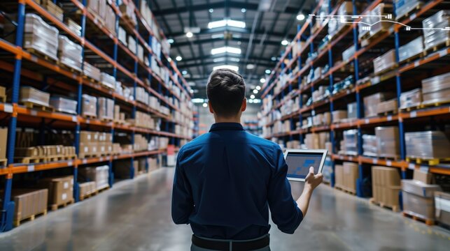 Warehouse manager using a digital tablet to monitor inventory in a large storage facility. Supply chain management, logistics, inventory control, warehouse operations, distribution center concept.