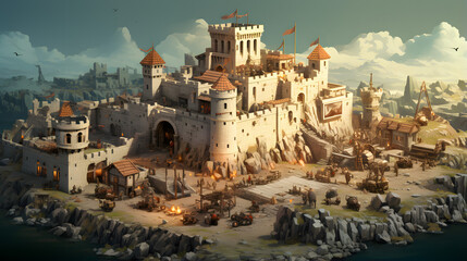 A bustling medieval castle town perched on a rocky outcrop by the sea, with merchants and travelers coming and going.