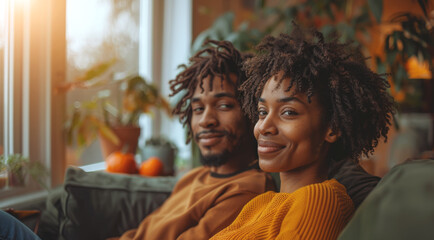Obraz premium A couple sits on a couch in their home, smiling and looking at the camera.