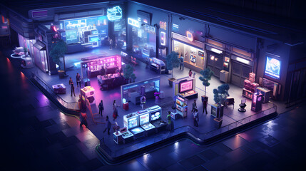 Obraz premium A futuristic cyberpunk city block at night, illuminated by neon signs and streetlights, with people going about their shopping, dining, and entertainment. 