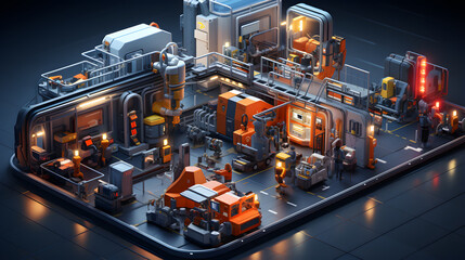 Fototapeta premium A futuristic, isometric illustration of a busy, highly automated factory with robotic arms and human workers collaborating in a modern industrial environment.