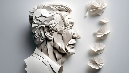 Insichgekehrter, selbstbeobachtender Mann mit geschlossenen Augen. Scherenschnitt Skulptur.