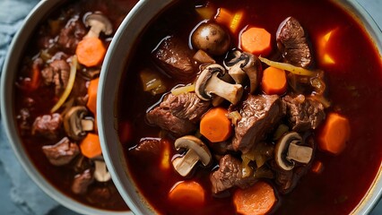 Beef bourguignon stew with vegetables. Grey background. Top view