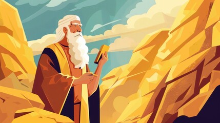 Fototapeta premium Exodus : Moses in reverence before new tablets, detailed flat design Biblical illustration perfect for religious educational materials and inspirational content