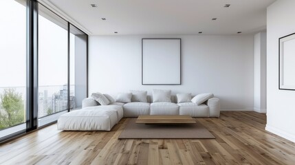 Modern living room with panoramic city view windows.