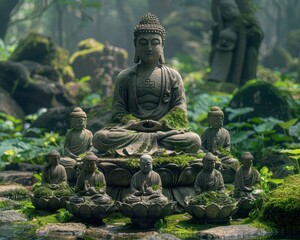 Serene Ancient Stone Buddha Statue Surrounded by Monk Statues in Overgrown Temple Setting - Detailed Realistic Image in 8K Resolution