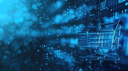 Shopping cart surrounded by glowing digital data on a blue blurred background. E-commerce, digital marketplace, online shopping, retail technology, virtual storefront, consumer behavior.