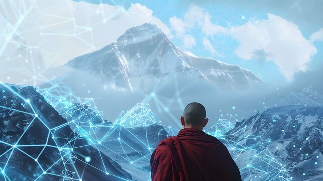 Tibetan monk harnesses mountain backdrop for neural network technology development. Concept Neural Network Technology, Tibetan Monk, Mountain Backdrop, Development, Innovation 