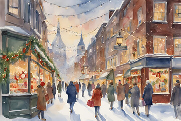 Obraz premium Festive Winter Street Market at Night, Winter street market scene at night with colorful lights, snow, and people shopping