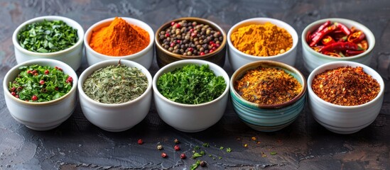 Fototapeta premium Assortment of Spices in White Bowls on a Rustic Table