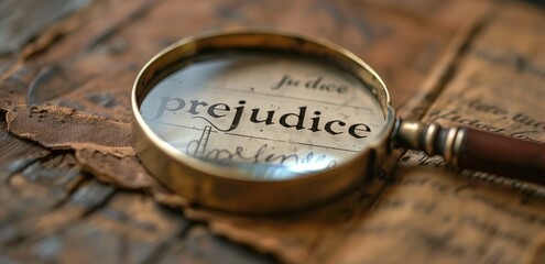 Magnifying glass highlighting the word "prejudice" over old documents. Linguistic analysis, social issues, historical studies, literature research, concept.