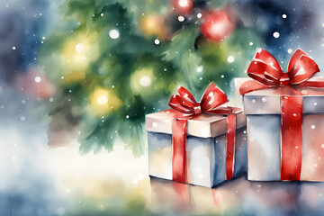 Christmas Gifts by the Tree, Watercolor illustration of Christmas gifts with red ribbons placed under a decorated tree