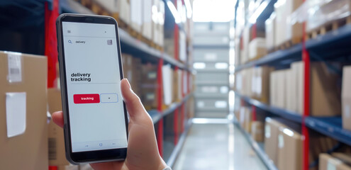 Person using smartphone for delivery tracking app in warehouse aisle filled with packages and boxes. Inventory management, logistics, supply chain, e-commerce, shipping, mobile technology uses.