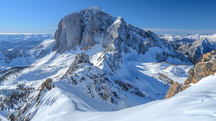 Aerial view of a vast mountain range covered in snow, with jagged peaks and deep valleys, captured in stunning detail under a clear blue sky 