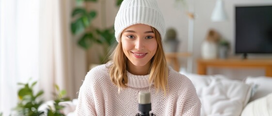 An influencer arranging props and testing the microphone before starting a recording session