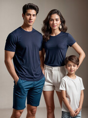 Fototapeta premium Mockup model Navy plain t-shirt family model mom dad boy studio photo shot