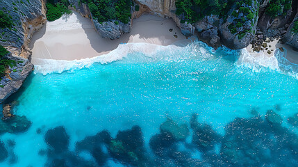 Drone photograph of a picturesque coastal landscape, with turquoise waters gently lapping against white sandy beaches and rocky cliffs, all under a bright sunny day 