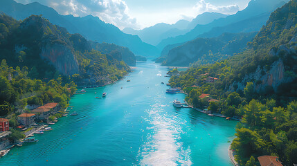 Drone photograph of a picturesque coastal landscape, with turquoise waters gently lapping against white sandy beaches and rocky cliffs, all under a bright sunny day 
