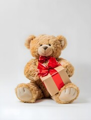 Obraz premium Teddy bear holding a present for Teddy Bear Day mockup isolated on white background