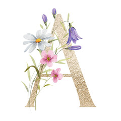 Letter A, gold floral monogram with watercolor flowers and leaf. Golden letterhead, initial perfectly for logo, wedding invitation, greeting card, poster . Holiday digital design hand drawing.