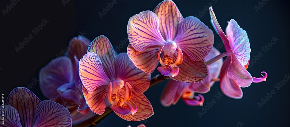Poster Orchids in a stunning close up capture showcasing their beauty and playing with tones in a beautifully composed image with copy space