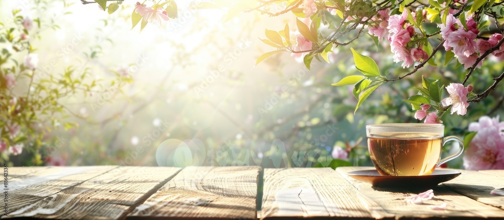 Poster outdoor wooden table with fresh flowers and a cup of jasmine tea displayed perfect for adding text i