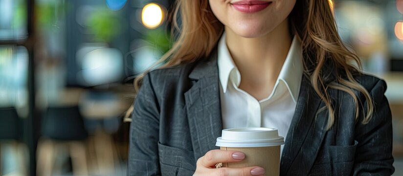 Close up image of a beautiful young businesswoman with a coffee cup with copy space in the background
