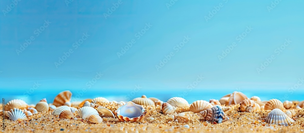 Aufkleber golden sand decorated with seashells creating a tranquil beach scene against a clear blue sky portra